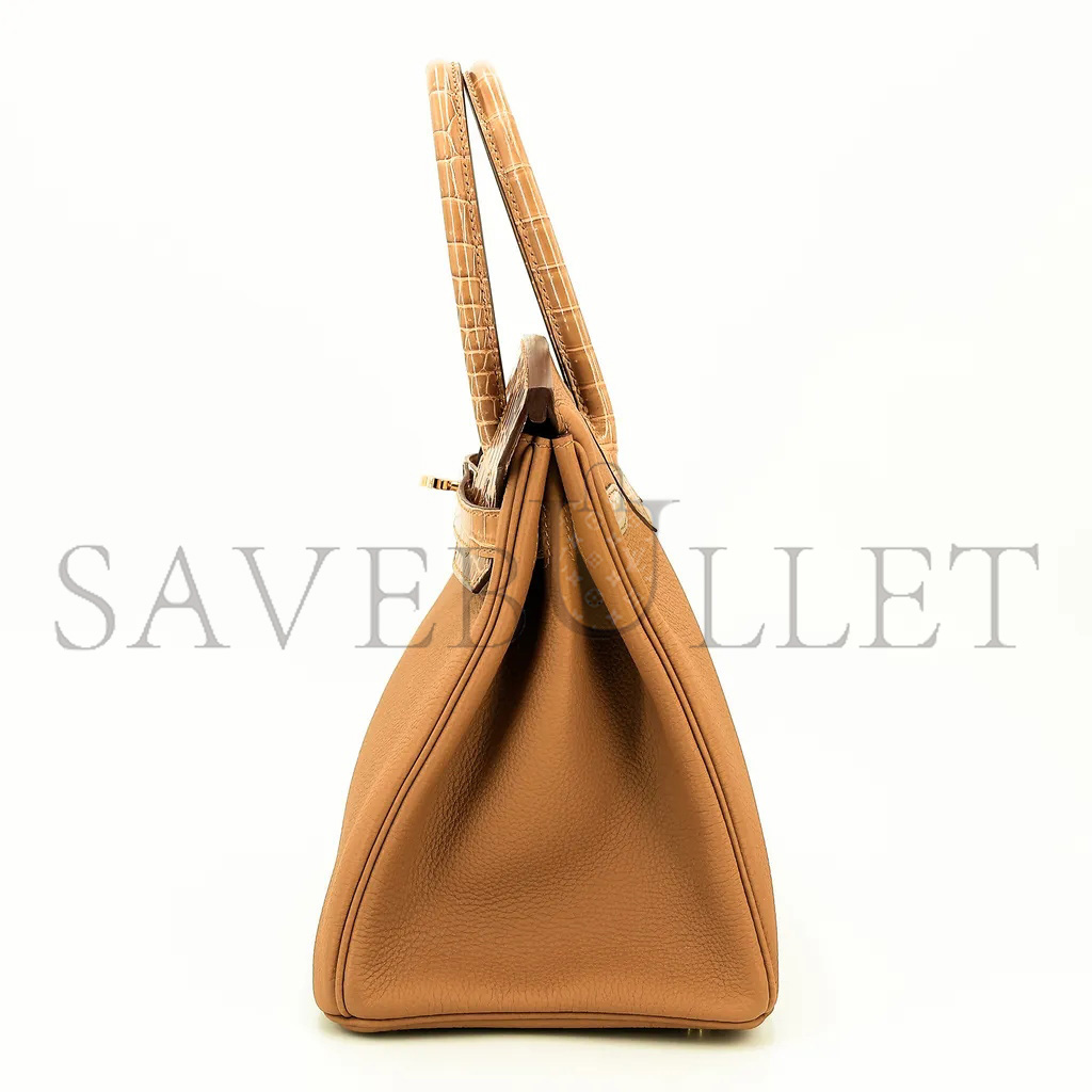 H**mes master birkin 25 crocodile and togo leather golden brown gold buckle h076216ck42 (25*20*13cm)